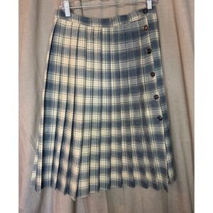 Vintage Accordion Pleated Plaid Midi Skirt Button Front Union Made USA WoolBlend